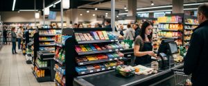Прикассовая стойка с товарами импульсного спроса в зоне кассы магазина