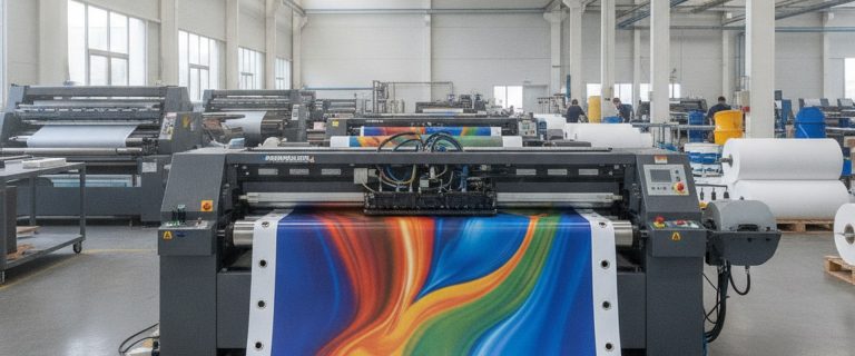 Bosmaxonada keng formatli printer chetida lyuversli PVX matoga reklama bannerini bosmoqda