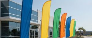 Ряд разноцветных каплевидных и парусных рекламных флагов у входа в здание на улице